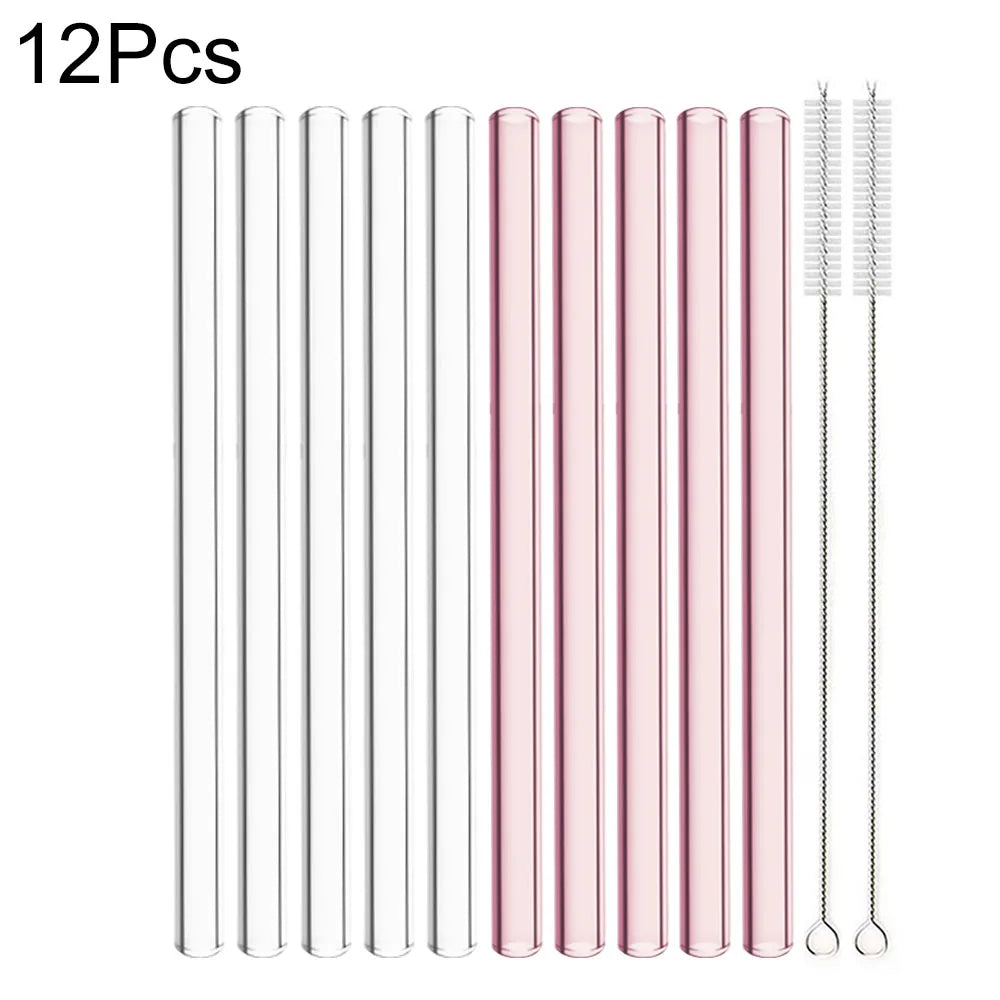 12Pcs Reusable High Borosilicate Glass Straw Wide 12Mm Pearl Milkshake Bubble Tea Straw with Brush Bar Accessories