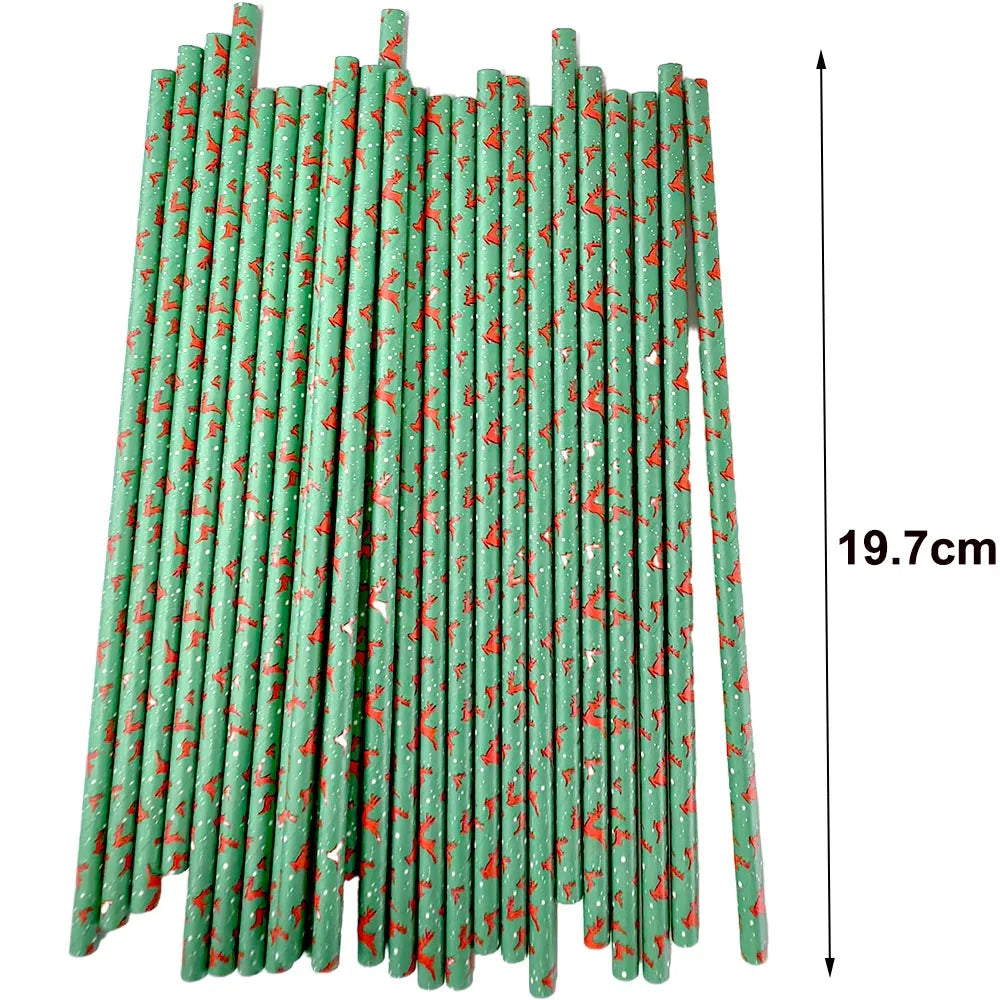 50Pcs Christmas Paper Straws Christmas Tree Elk Snowflakes Striped Straws Disposable Biodegradable Drinking Straws Xmas Supplies