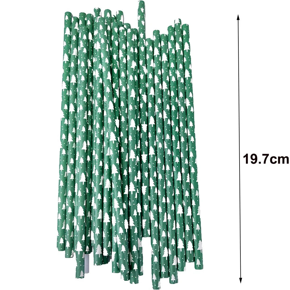 50Pcs Christmas Paper Straws Christmas Tree Elk Snowflakes Striped Straws Disposable Biodegradable Drinking Straws Xmas Supplies