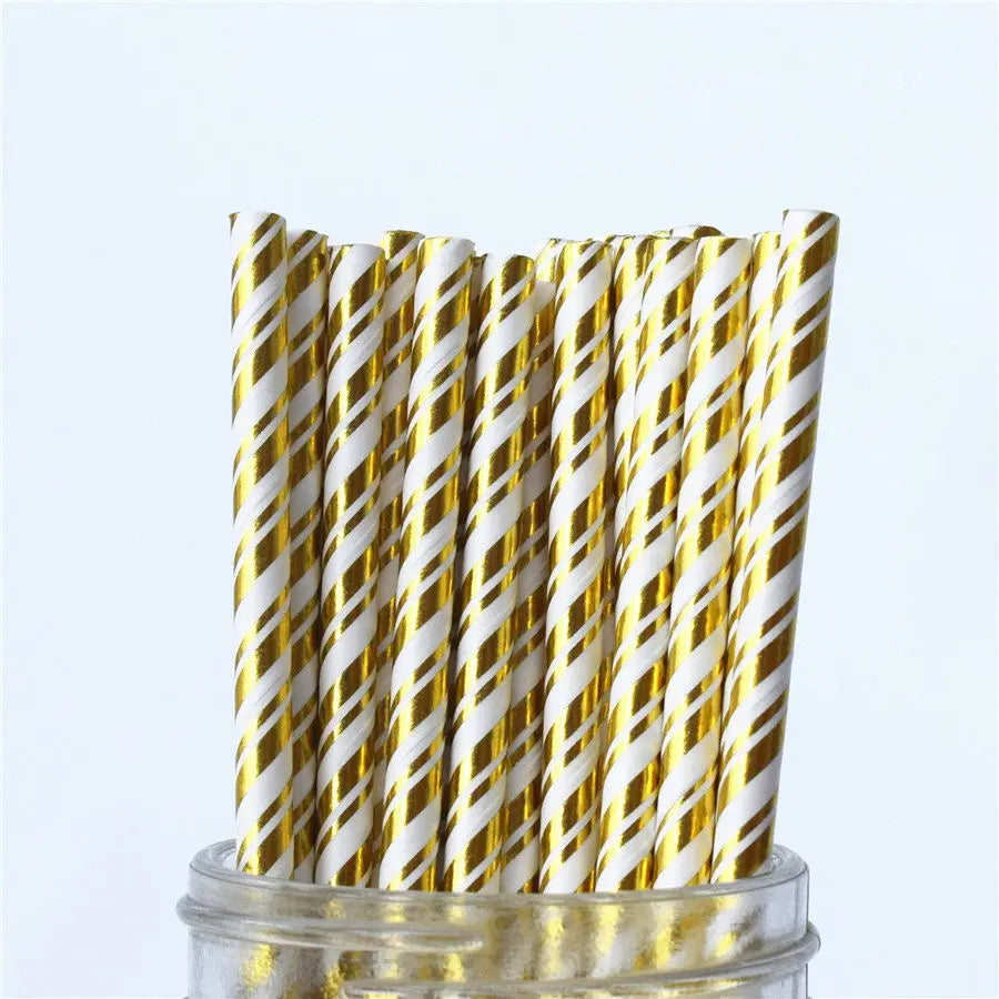 25Pcs Metallic Gold Heart Star Foil Stripe Paper Straws Silver Chevron Wedding Party Decor