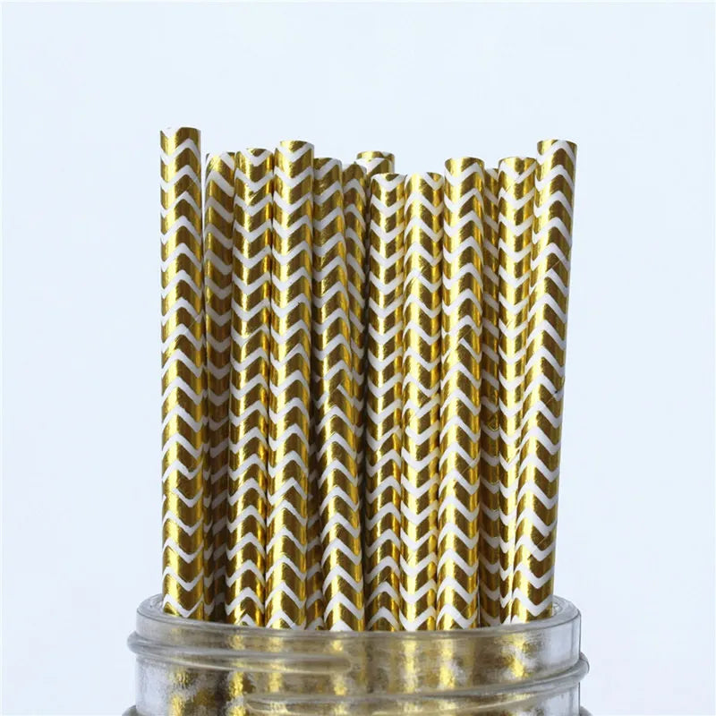 25Pcs Metallic Gold Heart Star Foil Stripe Paper Straws Silver Chevron Wedding Party Decor