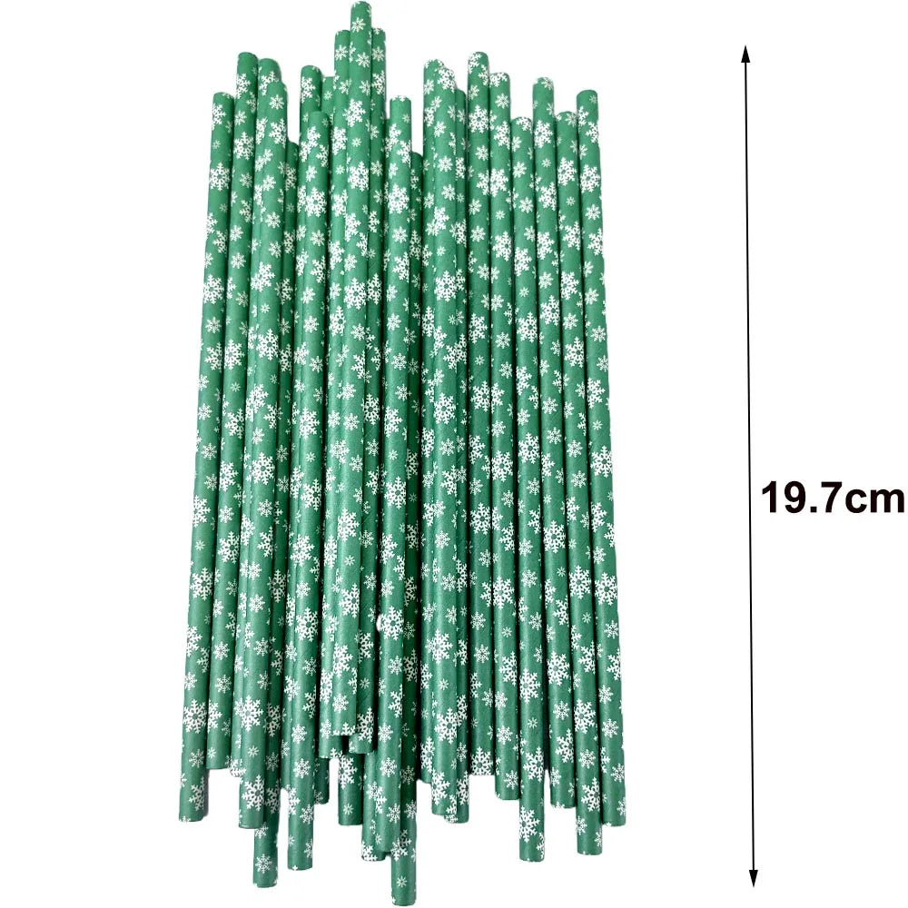 50Pcs Christmas Paper Straws Christmas Tree Elk Snowflakes Striped Straws Disposable Biodegradable Drinking Straws Xmas Supplies