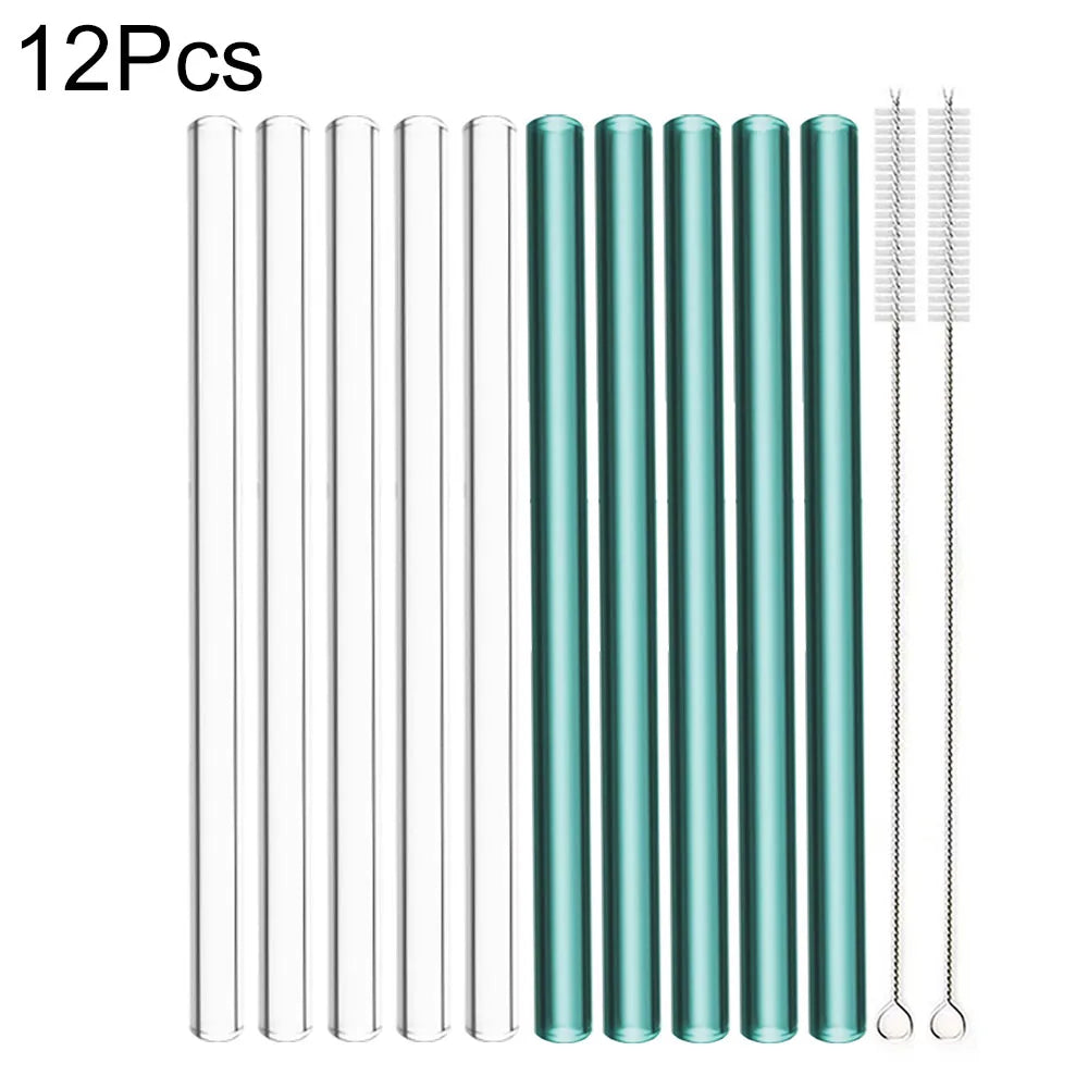 12Pcs Reusable High Borosilicate Glass Straw Wide 12Mm Pearl Milkshake Bubble Tea Straw with Brush Bar Accessories