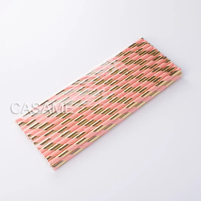 25Pcs Metallic Gold Heart Star Foil Stripe Paper Straws Silver Chevron Wedding Party Decor
