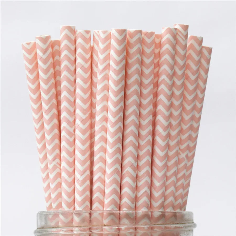 25Pcs Metallic Gold Heart Star Foil Stripe Paper Straws Silver Chevron Wedding Party Decor