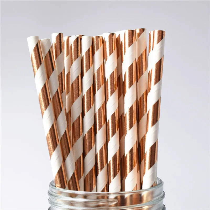 25Pcs Metallic Gold Heart Star Foil Stripe Paper Straws Silver Chevron Wedding Party Decor